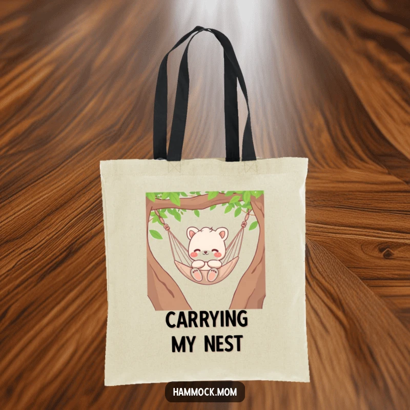 Funny animal character mom gently swinging in a hammock, humorous and practical tote bag.