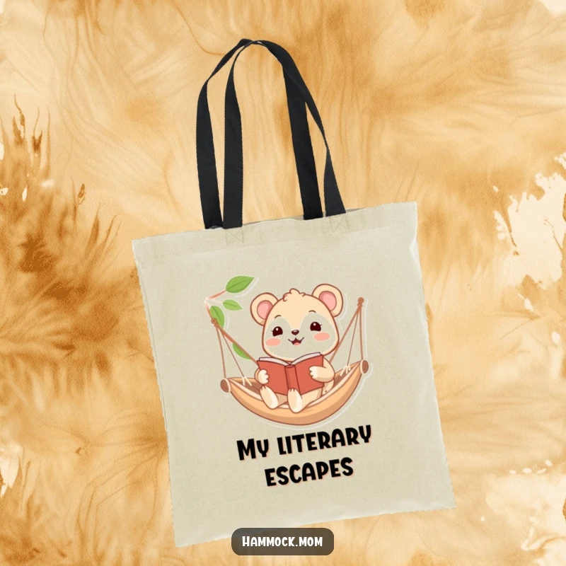 Funny tote bag featuring a happy animal character reading a book while relaxing in a hammock, perfect for carrying literary treasures.