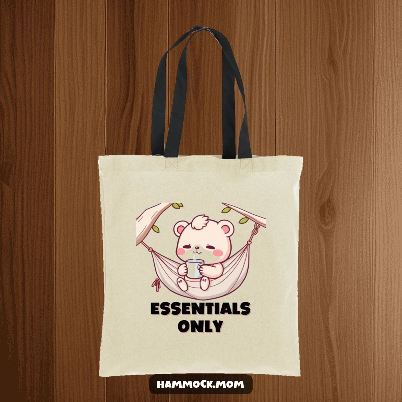 Funny Kawaii hammock animal sipping a drink in a hammock, a humorous and functional tote bag.