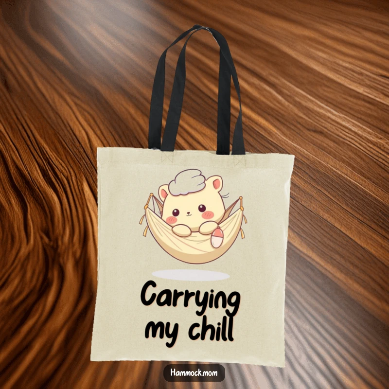 Funny Kawaii Animal Tote Bag: Adorable creature relaxing in a hammock, fur ruffled by a breeze, making it a stylish and humorous accessory.