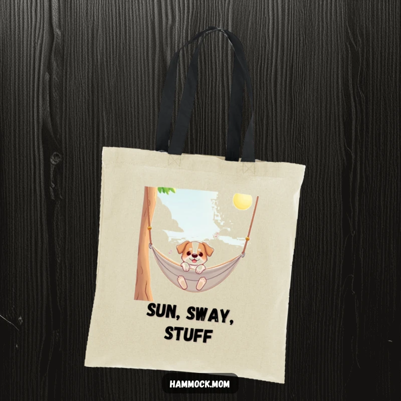 Funny dog tote bag illustrating a dog happily swaying in a hammock on a bright, sunny day, perfect for cheerful carrying.