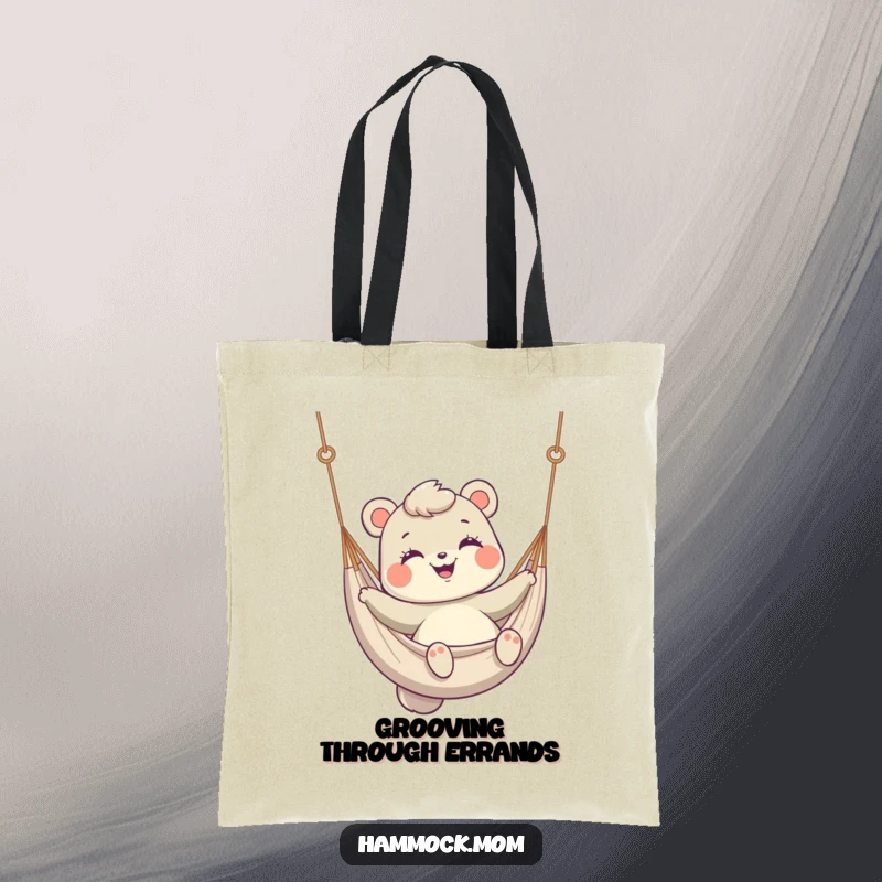 Funny Tote Bag with a mom animal smiling and gently swinging in a hammock, perfect for fun errands.