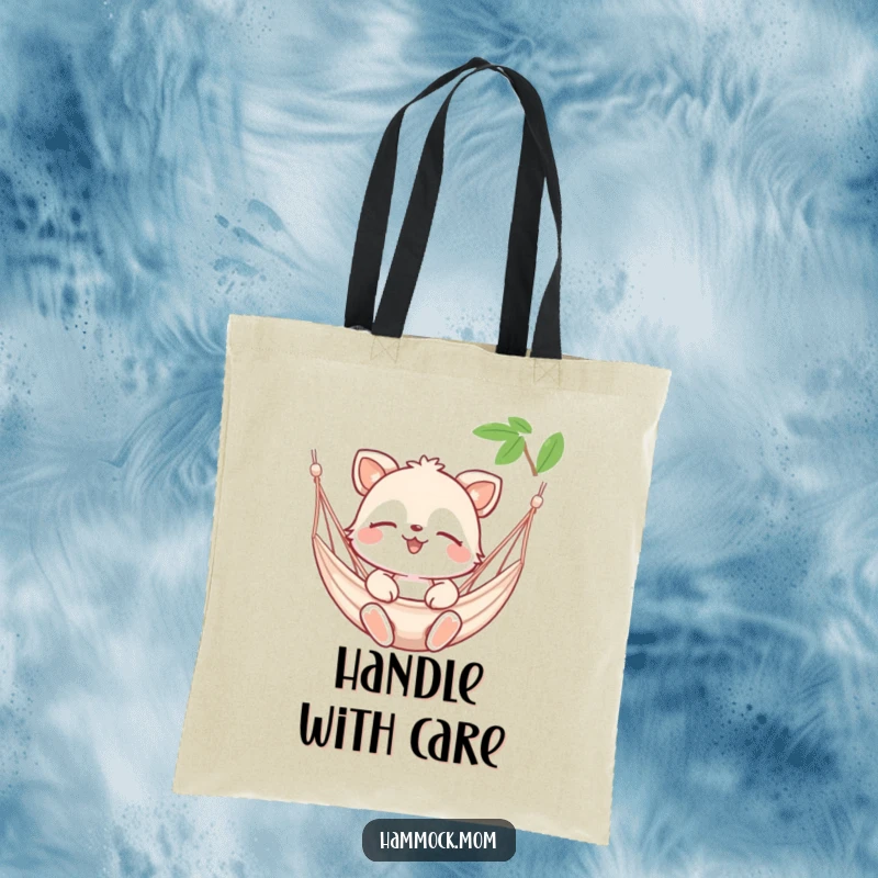 Funny tote bag with a happy animal character eyes closed, enjoying a gentle hammock breeze, perfect for carrying essentials serenely.