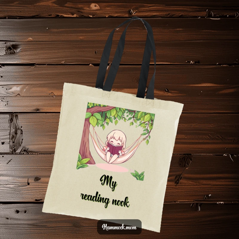 Funny tote bag with a character reading in a hammock, perfect for bookworms to carry their literary treasures humorously.